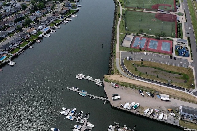 bird's eye view with a water view