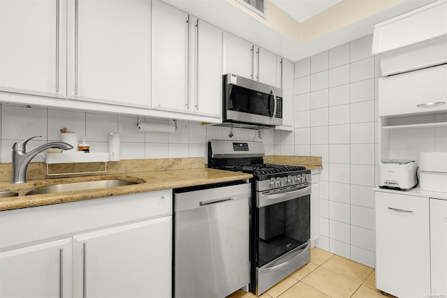 kitchen with white cabinets, sink, appliances with stainless steel finishes, and tile walls