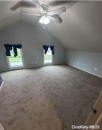 bonus room featuring carpet flooring, ceiling fan, and lofted ceiling