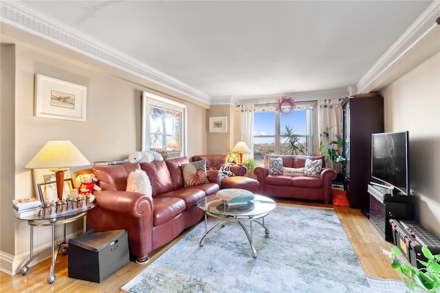 living room featuring crown molding and light hardwood / wood-style flooring