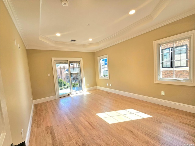 spare room with a raised ceiling, light hardwood / wood-style flooring, and ornamental molding