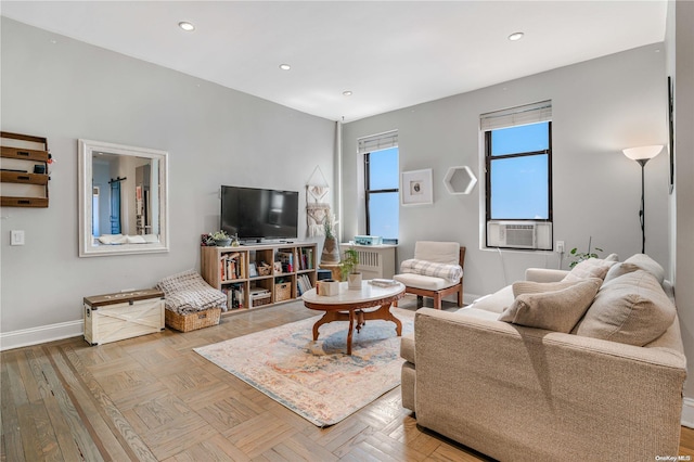 living room featuring parquet floors and cooling unit