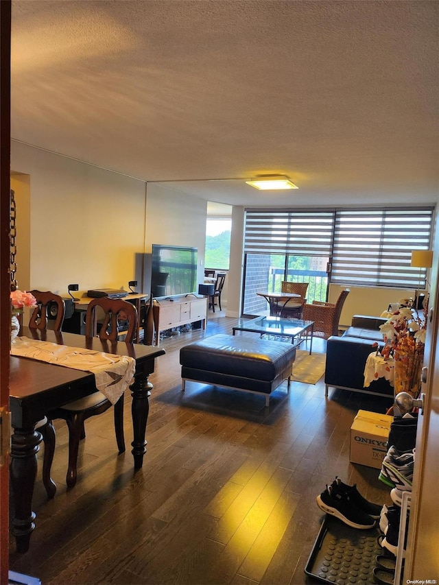 living room with dark wood-type flooring and a textured ceiling