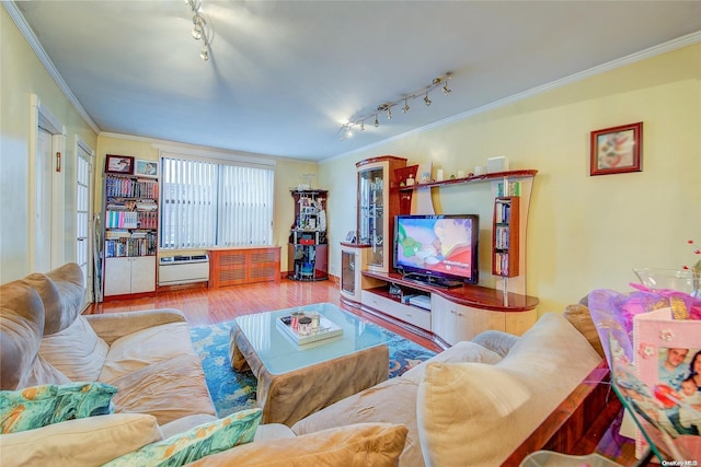 living room featuring crown molding, track lighting, and light wood-type flooring