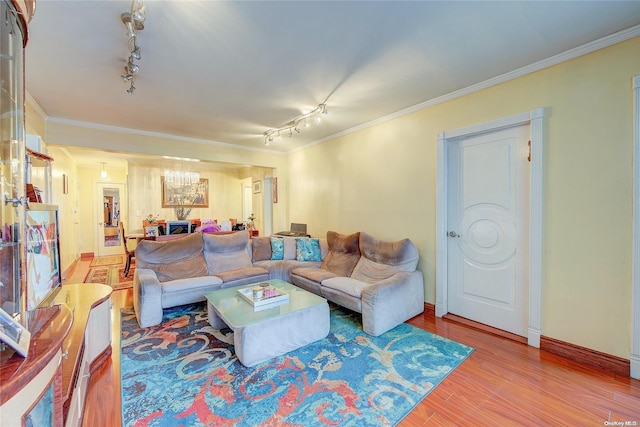 living room featuring wood-type flooring, track lighting, and ornamental molding