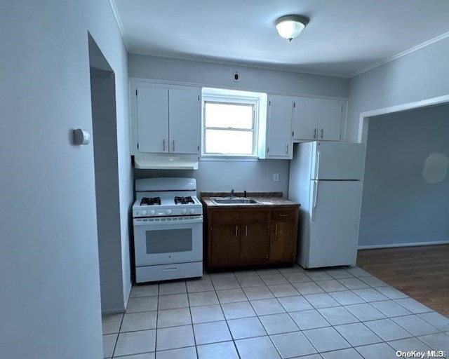 kitchen featuring white cabinetry, white appliances, ornamental molding, and light hardwood / wood-style flooring