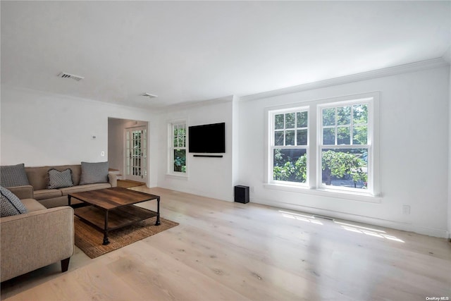 living room featuring light hardwood / wood-style floors and ornamental molding