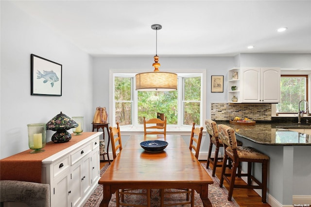 dining space with a healthy amount of sunlight, wood-type flooring, and sink