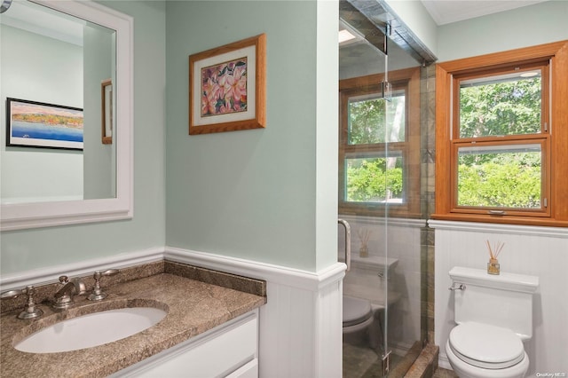 bathroom featuring a shower with door, vanity, and toilet