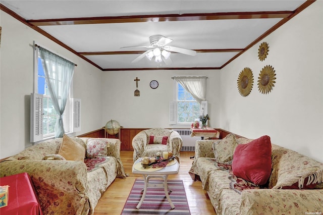 living room featuring crown molding, ceiling fan, radiator heating unit, and light hardwood / wood-style floors