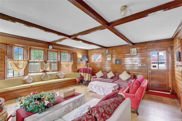 tiled living room with beamed ceiling, wooden walls, and coffered ceiling