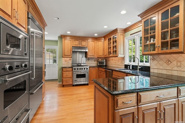 kitchen featuring backsplash, dark stone counters, sink, light hardwood / wood-style flooring, and built in appliances