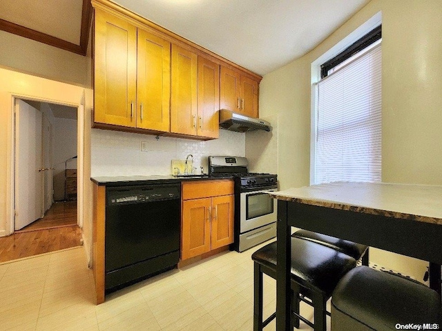 kitchen with dishwasher, sink, stainless steel range with gas cooktop, light hardwood / wood-style flooring, and backsplash