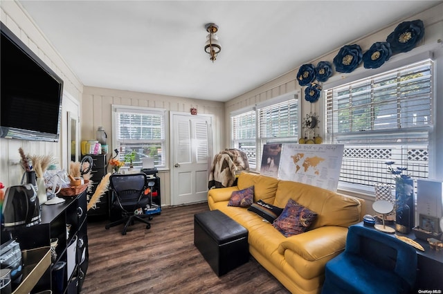 living room with ornamental molding, a wealth of natural light, and dark wood-type flooring