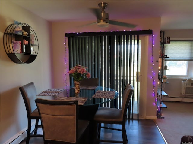 dining space with baseboard heating, ceiling fan, and a wall mounted air conditioner