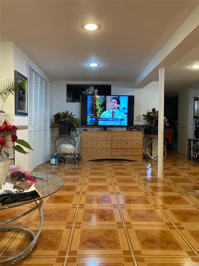 living room featuring light tile patterned flooring