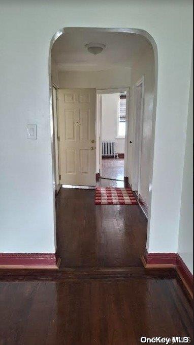 hallway featuring dark hardwood / wood-style floors and radiator