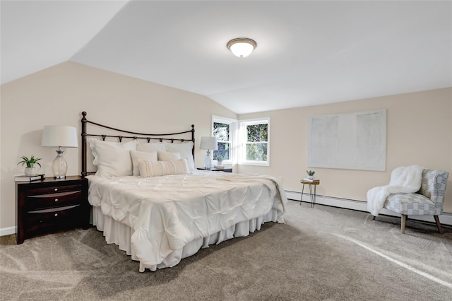 bedroom with baseboard heating, carpet, and lofted ceiling