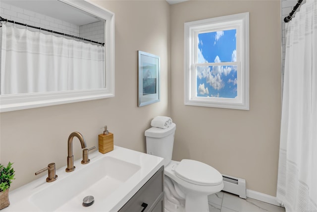 bathroom with walk in shower, vanity, a baseboard radiator, tile patterned flooring, and toilet