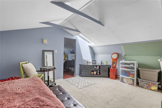 recreation room featuring carpet flooring and lofted ceiling