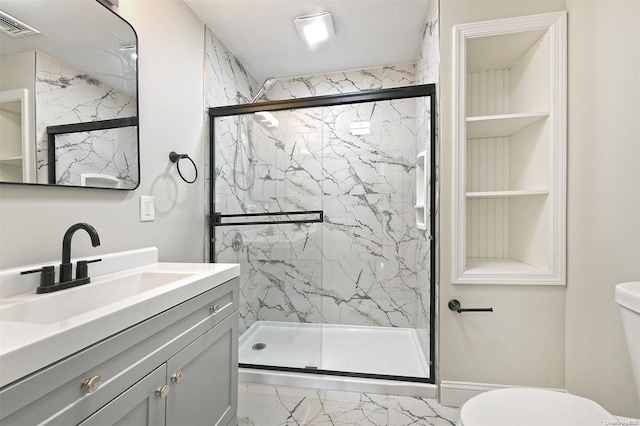 190 Bayview Ave, Lindenhurst, NY 11757 - full bathroom with toilet, marble look tile flooring, vanity, and a marble finish shower