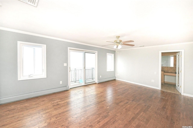190 Bayview Ave, Lindenhurst, NY 11757 - empty room featuring crown molding, ceiling fan, baseboards, wood finished floors, and a baseboard radiator