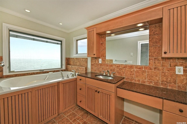 190 Bayview Ave, Lindenhurst, NY 11757 - full bath with vanity, crown molding, a bath, backsplash, and recessed lighting