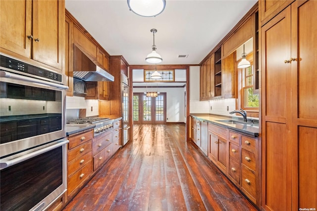 kitchen featuring appliances with stainless steel finishes, dark hardwood / wood-style flooring, tasteful backsplash, exhaust hood, and sink