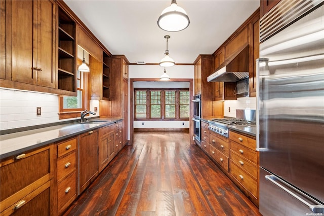 kitchen featuring stainless steel appliances, dark hardwood / wood-style floors, ventilation hood, backsplash, and pendant lighting