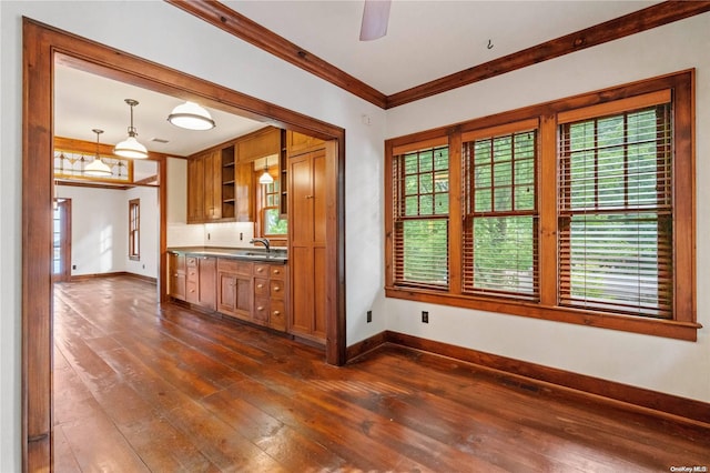 kitchen featuring sink, hanging light fixtures, crown molding, dark hardwood / wood-style floors, and ceiling fan