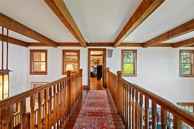 hall with plenty of natural light, beam ceiling, and dark wood-type flooring