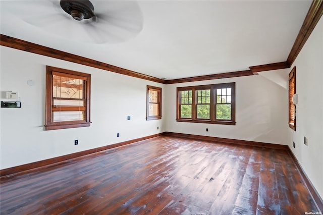 unfurnished room featuring ornamental molding, a wealth of natural light, and dark wood-type flooring