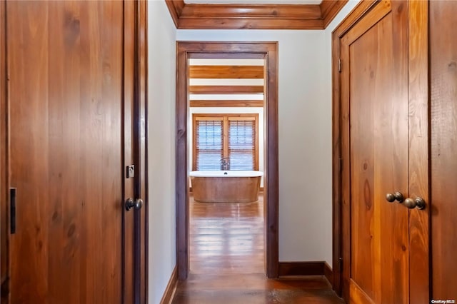 hall featuring dark hardwood / wood-style floors and ornamental molding