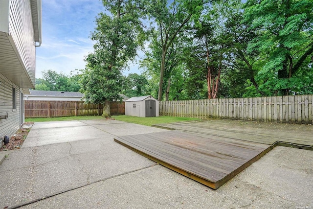 deck with a storage shed