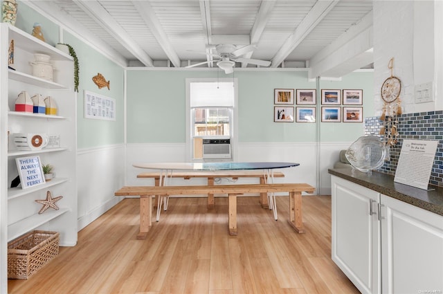 dining room with beam ceiling, ceiling fan, wooden ceiling, light hardwood / wood-style flooring, and cooling unit