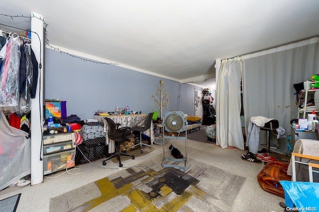 bedroom featuring carpet floors and ornamental molding