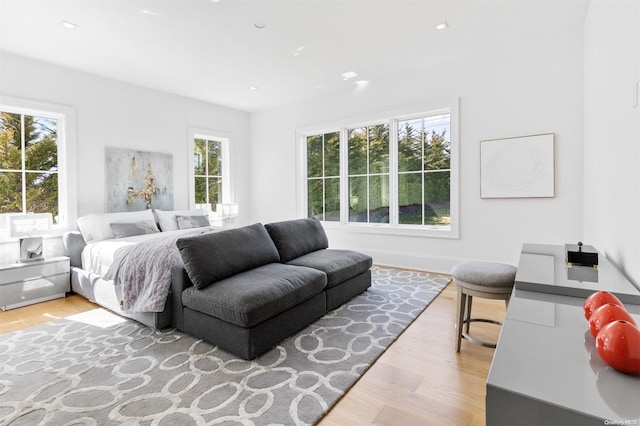 bedroom with hardwood / wood-style flooring and multiple windows