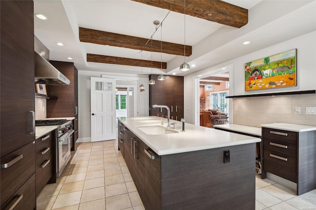 kitchen featuring hanging light fixtures, a wealth of natural light, sink, and luxury stove