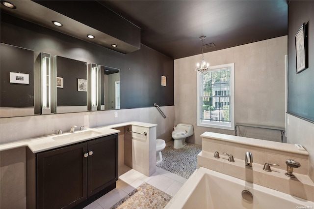 bathroom with a bath, an inviting chandelier, a bidet, tile patterned flooring, and toilet