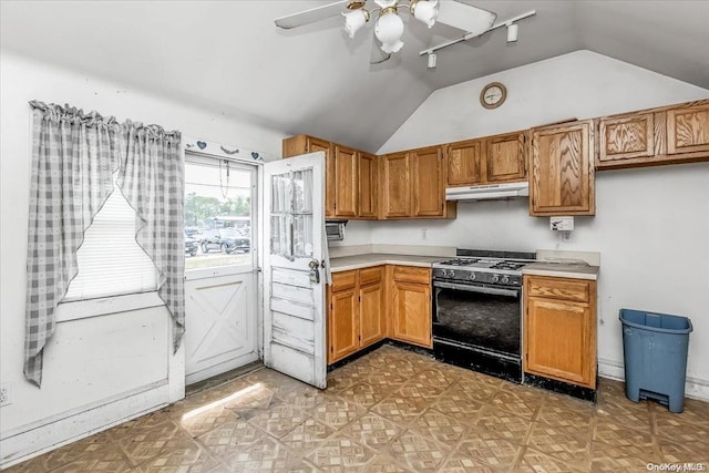 kitchen featuring vaulted ceiling and black range with gas cooktop