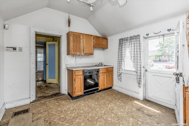 kitchen featuring dishwasher, lofted ceiling, and sink