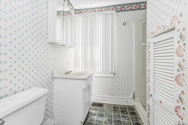 bathroom featuring vanity, toilet, and walk in shower