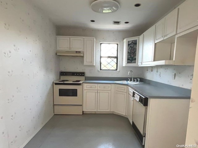 kitchen with white cabinets, dishwashing machine, white electric range, and sink