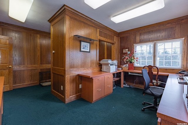 carpeted home office featuring wood walls, built in desk, and ornamental molding