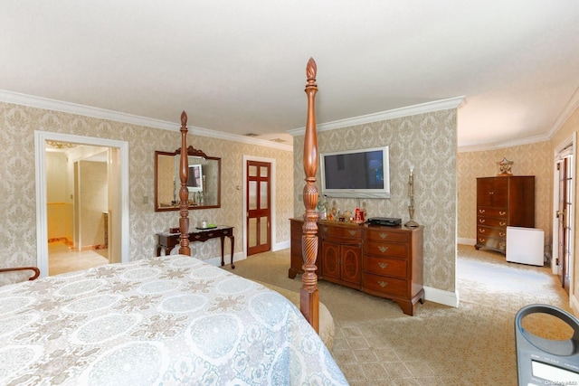 bedroom featuring connected bathroom, light colored carpet, and ornamental molding