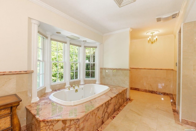 bathroom featuring tile patterned flooring, a healthy amount of sunlight, crown molding, and tiled tub