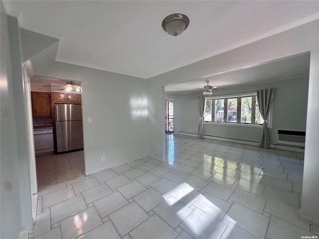 unfurnished room with a wall mounted AC, ceiling fan, and a baseboard heating unit