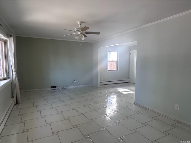 empty room with crown molding, ceiling fan, and a baseboard radiator