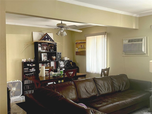 living room featuring a wall mounted AC, crown molding, and ceiling fan