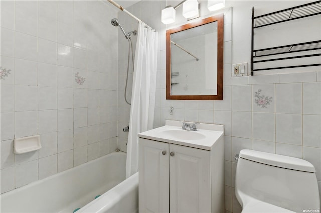 full bathroom with decorative backsplash, vanity, tile walls, radiator heating unit, and toilet